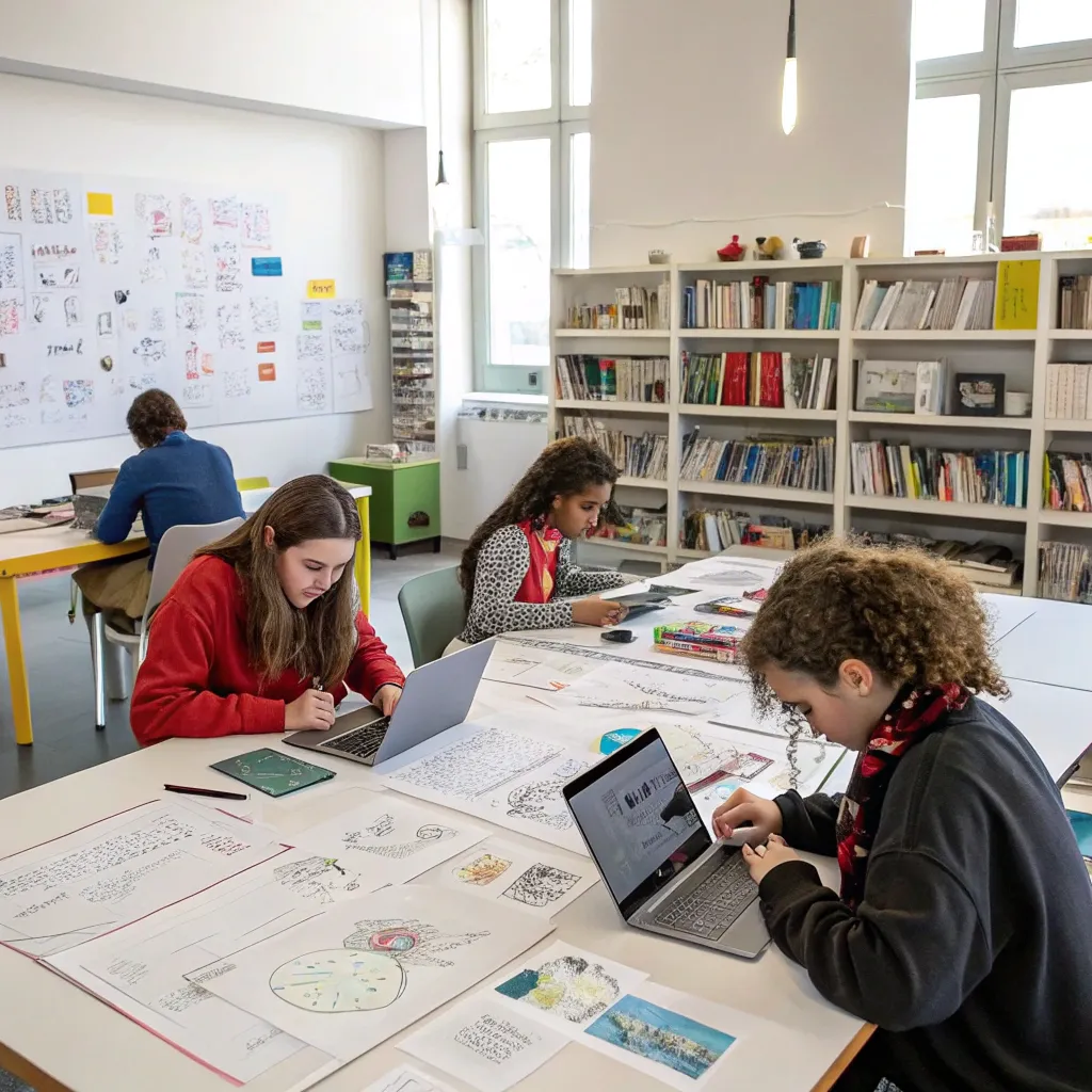 A vibrant design workspace with students collaborating